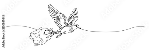 Bild auf Leinwand Bird entangled with plastic bag in flight monoline vector