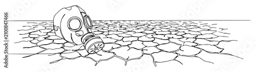 Obraz na płótnie Gas mask on cracked dry earth monoline vector