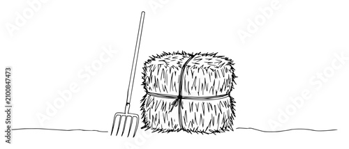 Foto Hay bale and pitchfork on farm field monoline vector