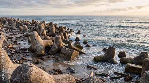 Concrete tetrapods forming a breakwater along the ocean coastline