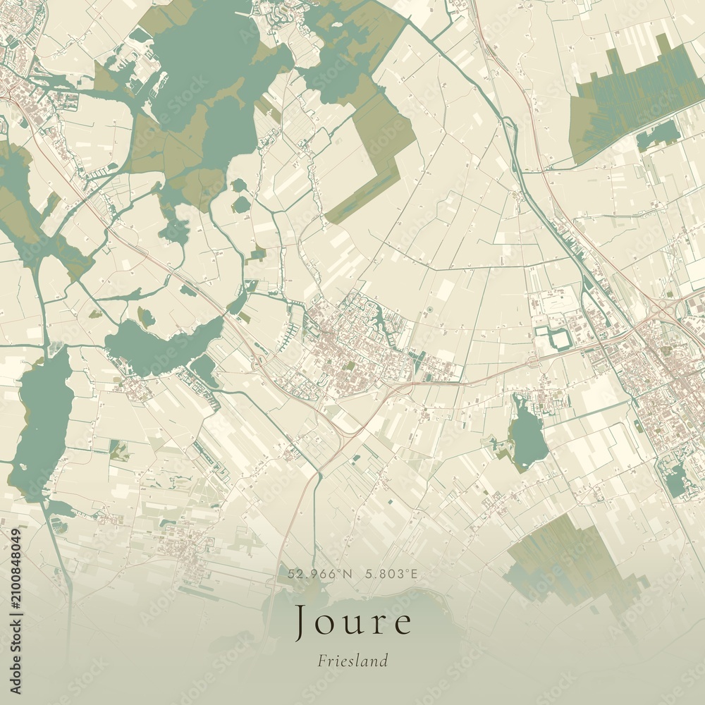 Naklejka premium Vintage Canvas Map of Joure, Netherlands | Scandinavian Wall Art | Historic Topographic