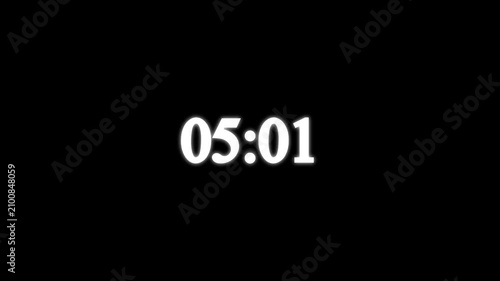5 minutes countdown digital clock timer animation.4K countdown animation, 5 minutes displays a timer counting down minutes and seconds