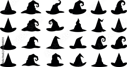 Collection of black silhouette witch hats for halloween designs