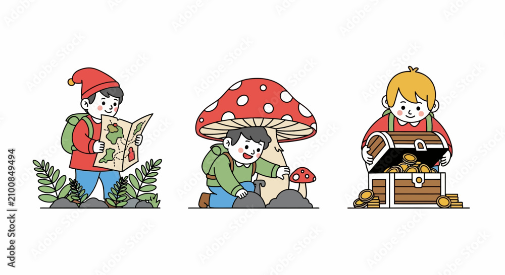 Fototapeta premium Kids treasure hunt adventure and forest exploration vector set