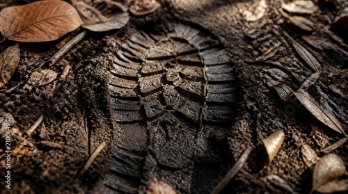 Detailed Boot Footprint Imprint in Wet Muddy Ground with Autumn Leaves.