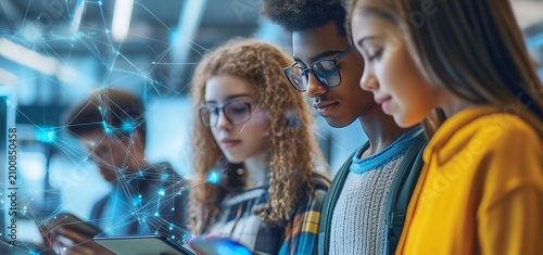 Young people focus on screens in a futuristic setting