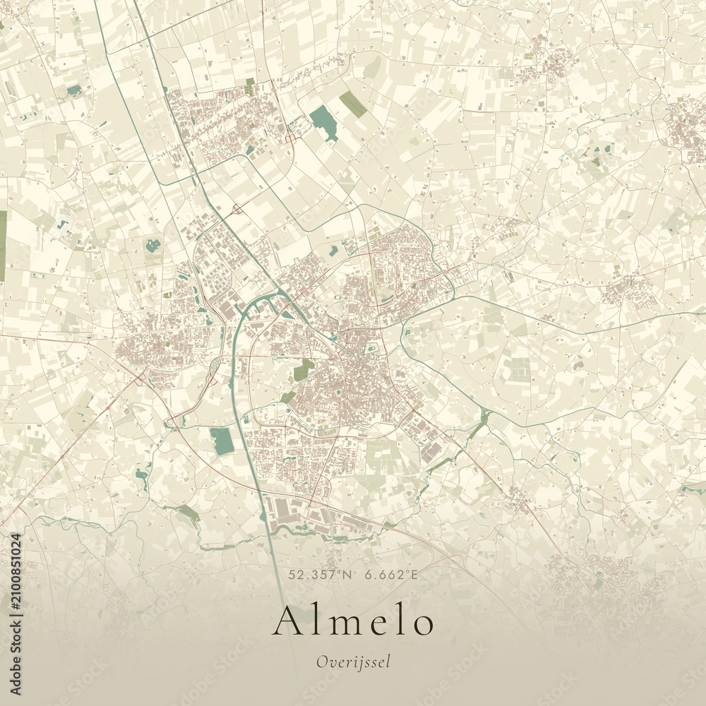 Fototapeta premium Vintage Canvas Map of Almelo, Netherlands | Scandinavian Wall Art | Historic Topographic
