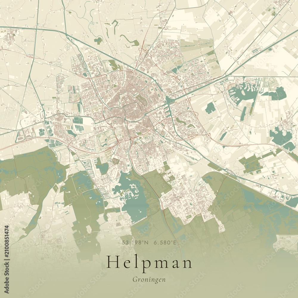 Naklejka premium Vintage Canvas Map of Helpman, Netherlands | Scandinavian Wall Art | Historic Topographic