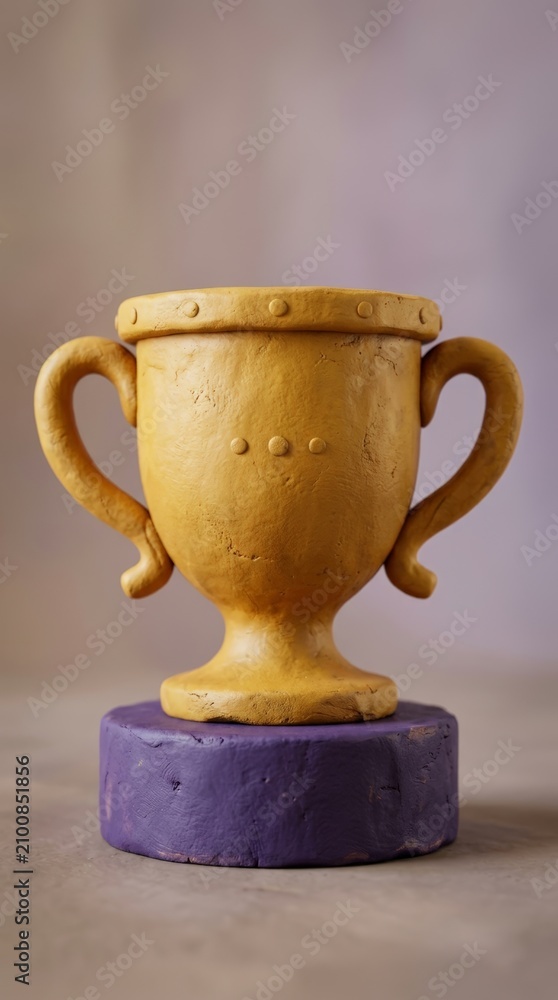 Fototapeta premium Golden clay trophy on purple pedestal for academic winner 3D render