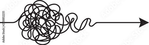 Abstract line art showing a messy knot transforming into a straight arrow representing problem solving and clarity