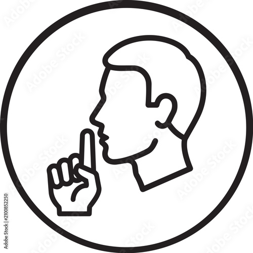 Minimalist line art icon of a human profile making a quiet shush gesture with a finger to lips on a white background
