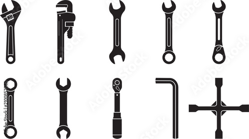 Schilderij op canvas Set of mechanical tools silhouettes including wrenches and ratchets for construc