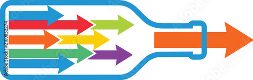 Conceptual illustration of a business bottleneck process with colorful arrows flowing through a narrow bottle neck