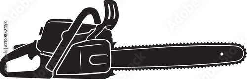 Detailed black silhouette of a powerful chainsaw isolated on a white background, perfect for construction or forestry