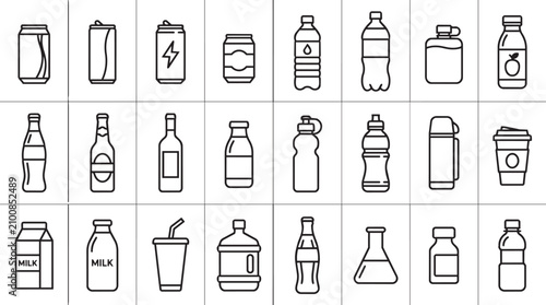 Set of beverage container icons in a grid layout featuring various bottles, cans, and cups for drinks and liquid storage