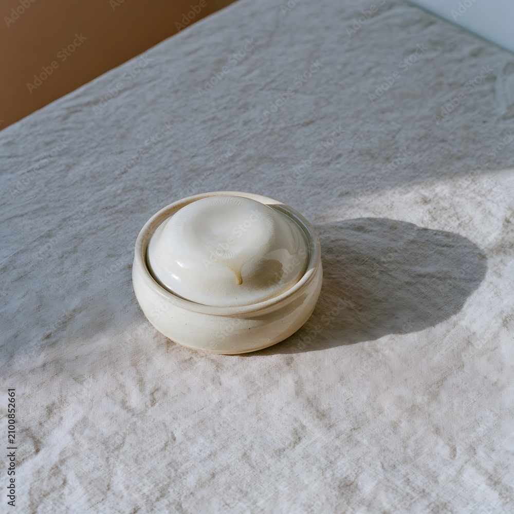 Fototapeta premium Hand-thrown stoneware butter dish with domed lid on linen surface