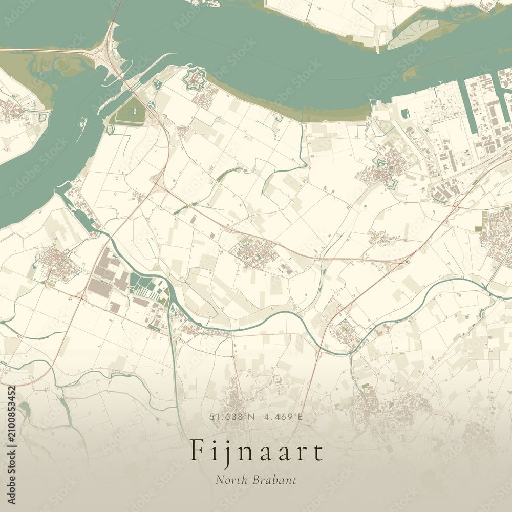 Fototapeta premium Vintage Canvas Map of Fijnaart, Netherlands | Scandinavian Wall Art | Historic Topographic