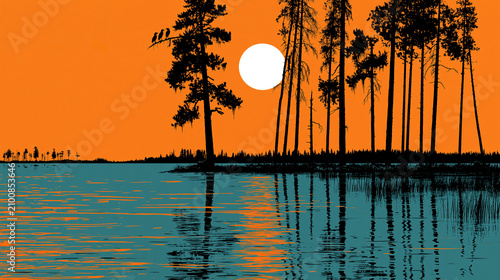 Pine tree silhouette against orange sunset over calm lake water