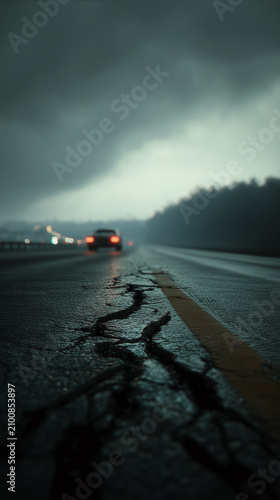 Rain slicks the road beneath stormy skies