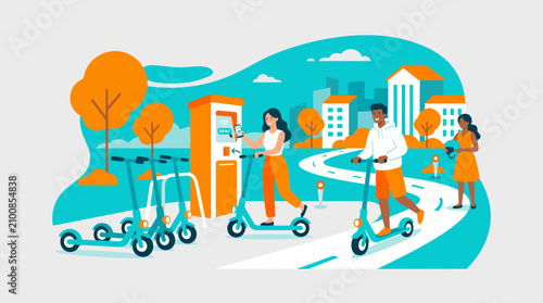People using electric scooters at city charging station.