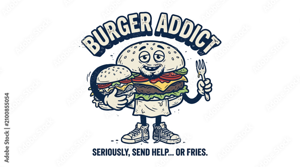 Obraz premium Funny Burger Addict Cartoon Character Illustration