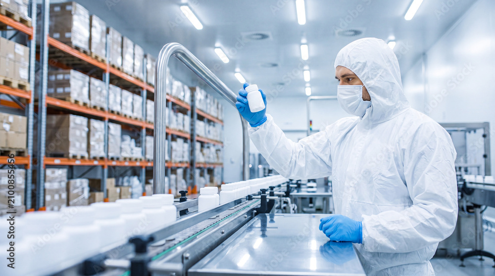 Naklejka premium Worker inspecting pill bottle in factory. Pharmaceutical technician checking medicine quality.
