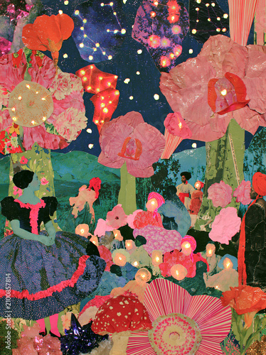 Vibrant paper collage art of a mystical forest with glowing flowers, stars, and whimsical figures at night.