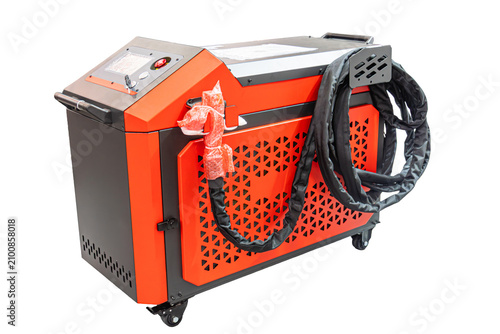 Mobile industrial laser cleaning machine on wheels. Features a red and black chassis with ventilation grilles, a digital control panel with an emergency stop, a side mount bracket, and a heavy duty