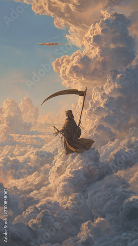 Silhouetted figure rides through stormy, pink-tinted clouds