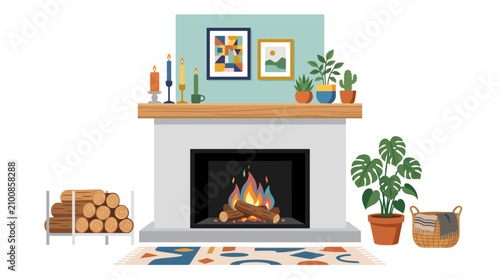 Cozy living room fireplace with burning fire, mantel decor, potted plants and firewood