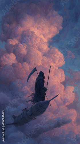 Silhouetted figure rides through stormy, pink-tinted clouds