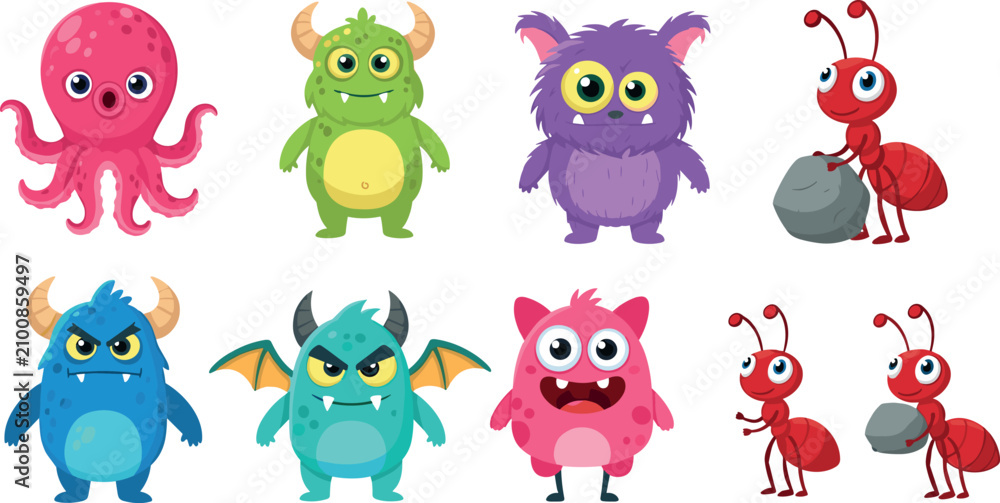 Fototapeta premium Cute Little Monster and Red Ant Character Set Featuring Fluffy Monsters, Little Demon with Wings, Octopus, and Ants Carrying Rocks Vector Graphic Elements