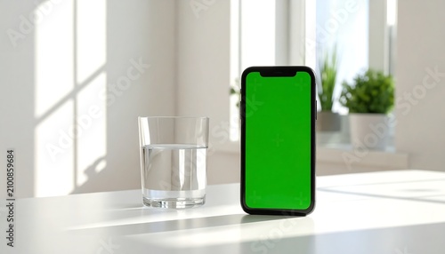 Modern smartphone with a green screen display standing on a white table near a glass of water.