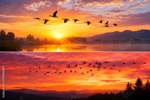 Flock of Birds Flying Across Colorful Sunrise and Sunset Skies.