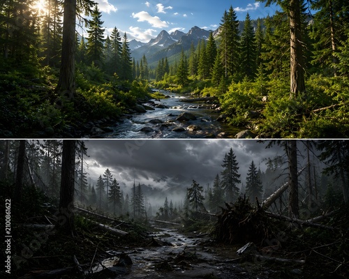 Mountain Forest Before and After a Powerful Storm.