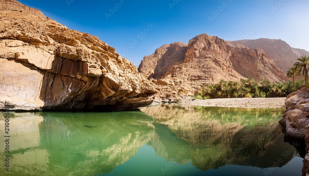 Fototapeta premium Rock Formation And Water Reflections In Wadi Tiwi Of Oman