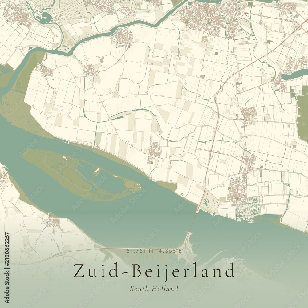 Naklejka premium Vintage Canvas Map of Zuid-Beijerland, Netherlands | Scandinavian Wall Art | Historic Topographic