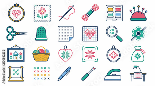 Fotografía Colorful embroidery tools and accessories flat vector icons.