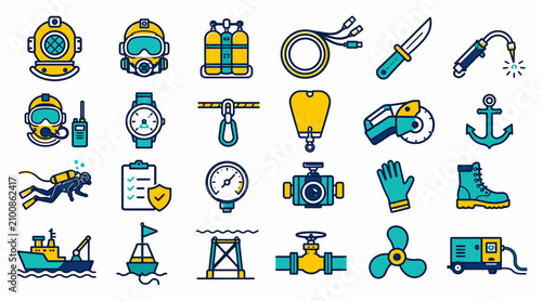 Obraz na plátně Colorful Diving and Marine Equipment Icons Set.