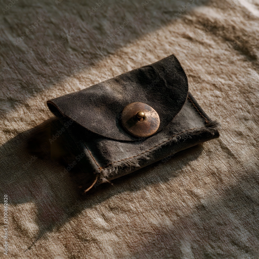 Fototapeta premium Weathered waxed canvas pouch resting on textured linen with side light