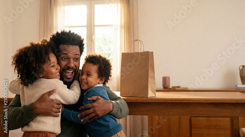 Joyful Reunion: A father embraces his two young children with immense happiness and love, celebrating a warm reunion at home with a gift bag nearby.