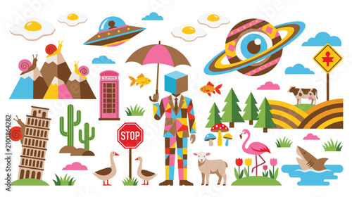 Εκτύπωση καμβά Surreal collage illustration with diverse bizarre elements in flat colorful vector design
