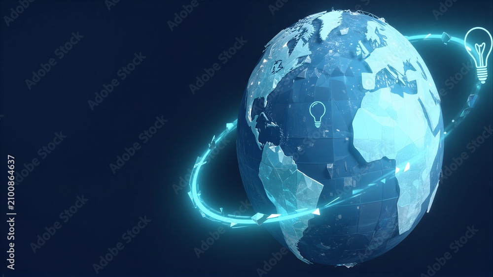 Obraz premium Digital globe with glowing blue network and lightbulb, symbolizing global innovation.