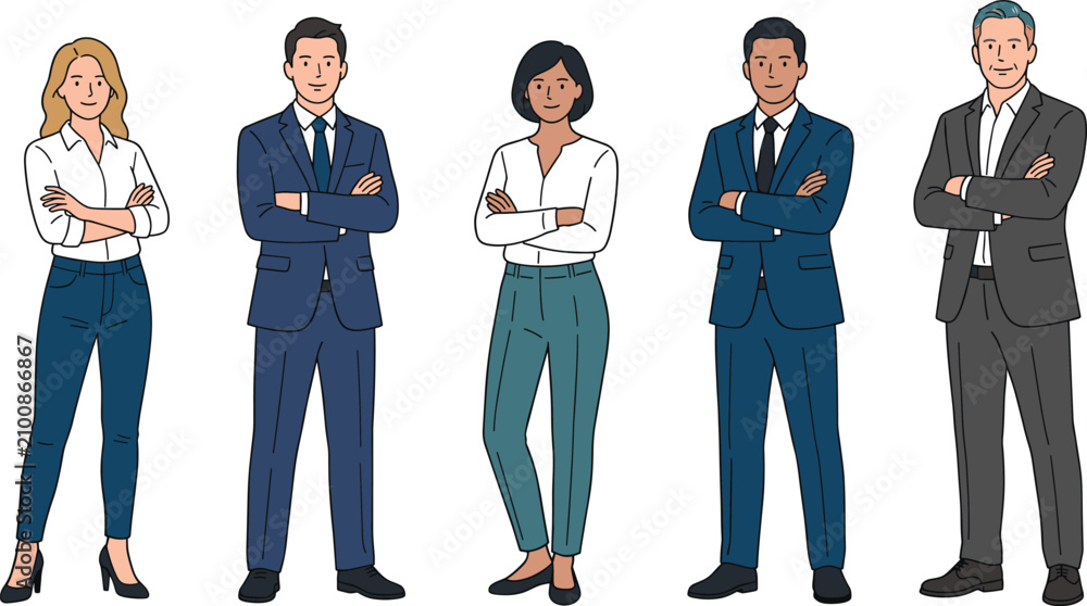 Obraz premium Diverse professional business team standing with arms crossed in smart corporate attire isolated on white
