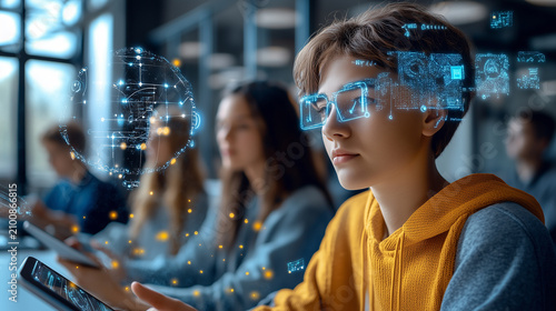 Young man wears futuristic glasses, focused on digital interfaces