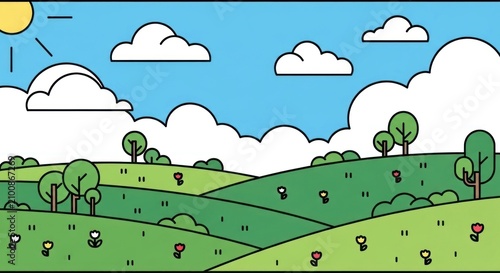 Vibrant Cartoon Landscape with Rolling Hills and Fluffy Clouds.
