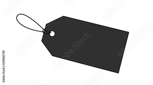Blank black price tag with string on white background.