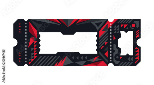 Black and red futuristic ticket with abstract patterns.