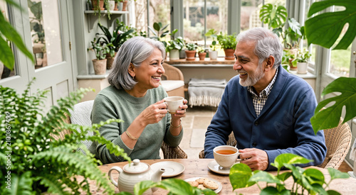 South Asian senior couple drinking tea in a bright sunroom. Happy older husband and wife laughing together surrounded by lush green houseplants. Retirement lifestyle concept