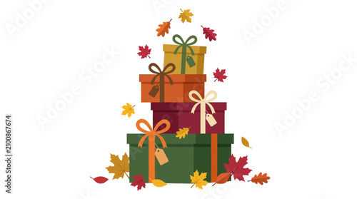 Autumn themed gift boxes with falling leaves.
